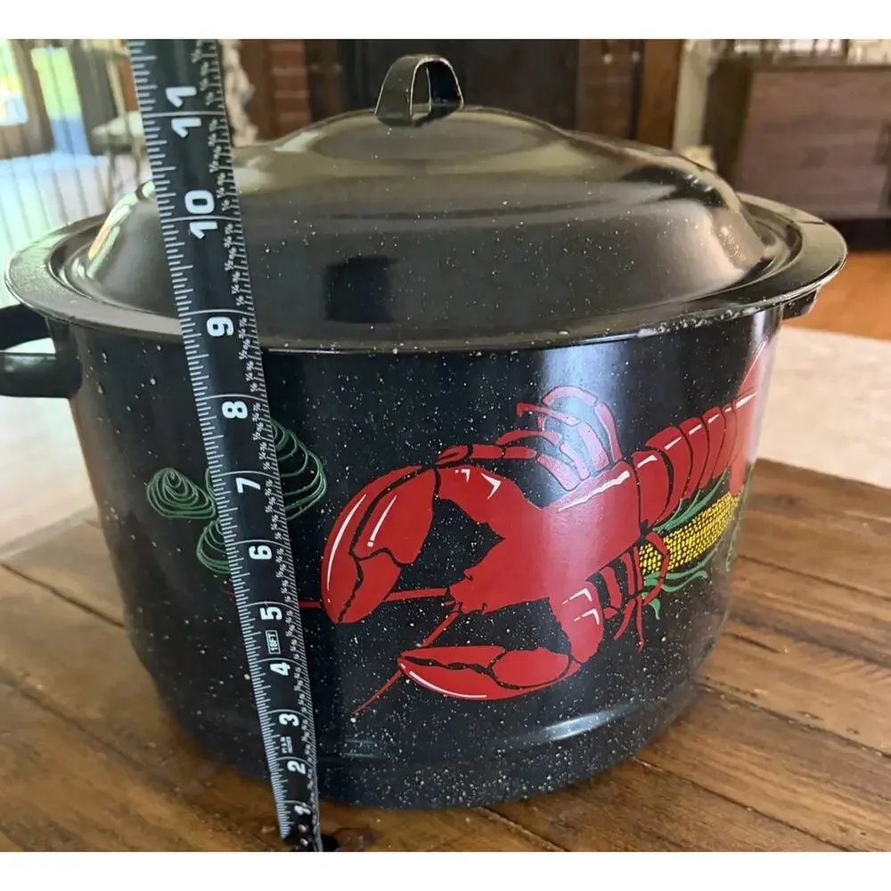 Vintage LOBSTER POT Black Graniteware Kettle Speckled Enamel Metal Stockpot